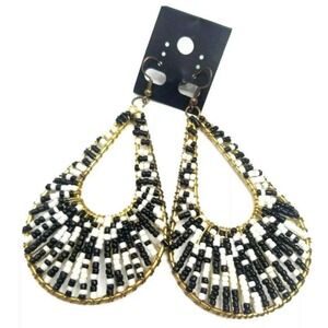 Earrings Ladies Women Fashion Jewelry Beaded Teardrop Hoop Hook Black White Gold